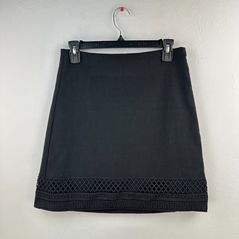 Loft Mini Skirt Womens 0 Petite Black Lined Gothic A-Line Cotton Blend Lace‎ Hem